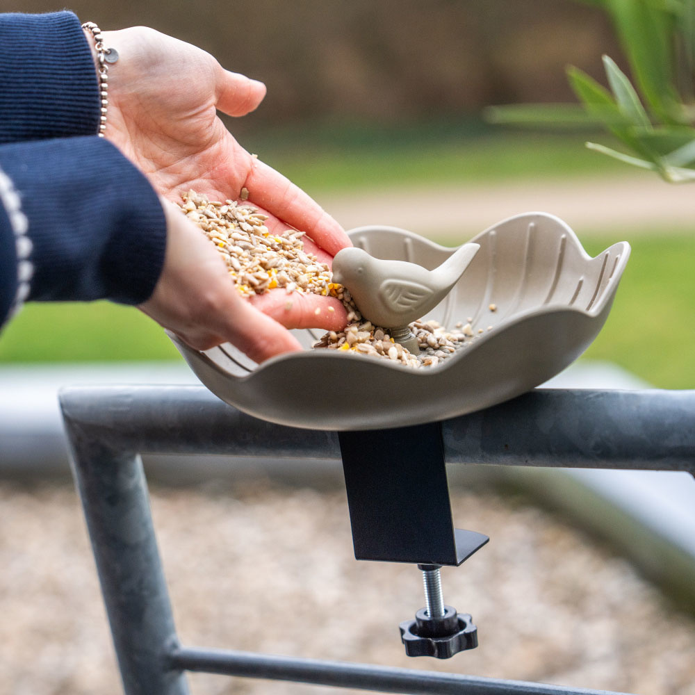 Une mangeoire est remplie de nourriture pour oiseaux